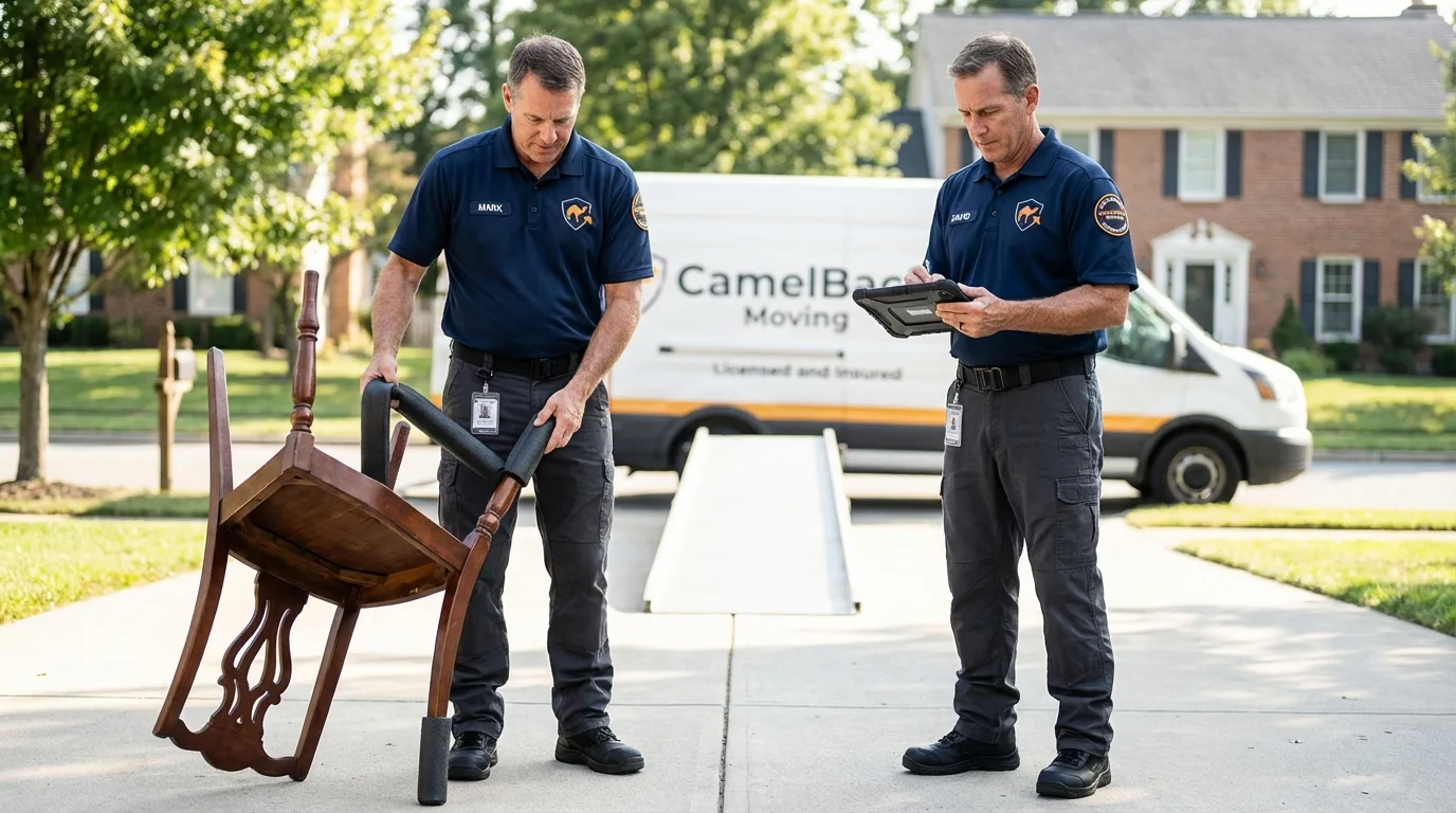 Movers inspecting furniture for damage prevention before loading in Dearborn Heights, MI
