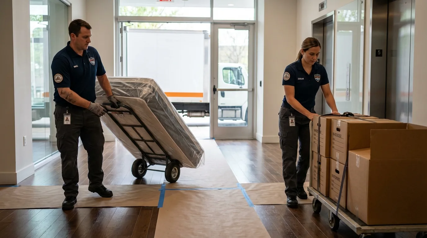 Professional apartment movers loading elevator in Dearborn Heights, MI