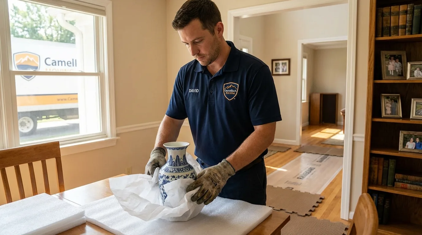 Professional crew carefully wrapping antique vase for senior downsizing move in Dearborn Heights, MI